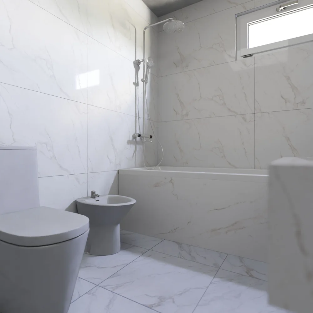 Inspiration visuelle de salle de bains lumineuse avec revêtement marbre blanc